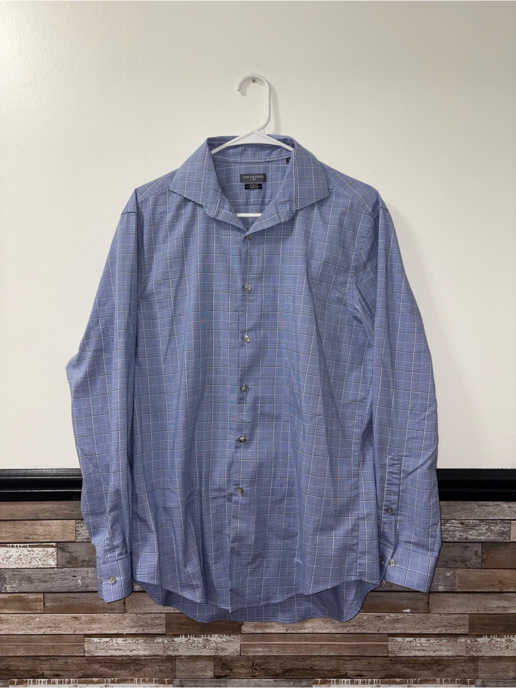 Van Huesen Mens Slim Fit Button Down Blue Check Dress Shirt Size Large